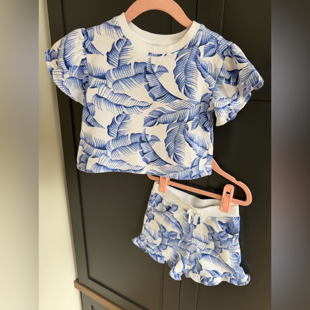 Janie and Jack Blue and White Leaf Print Matching Set